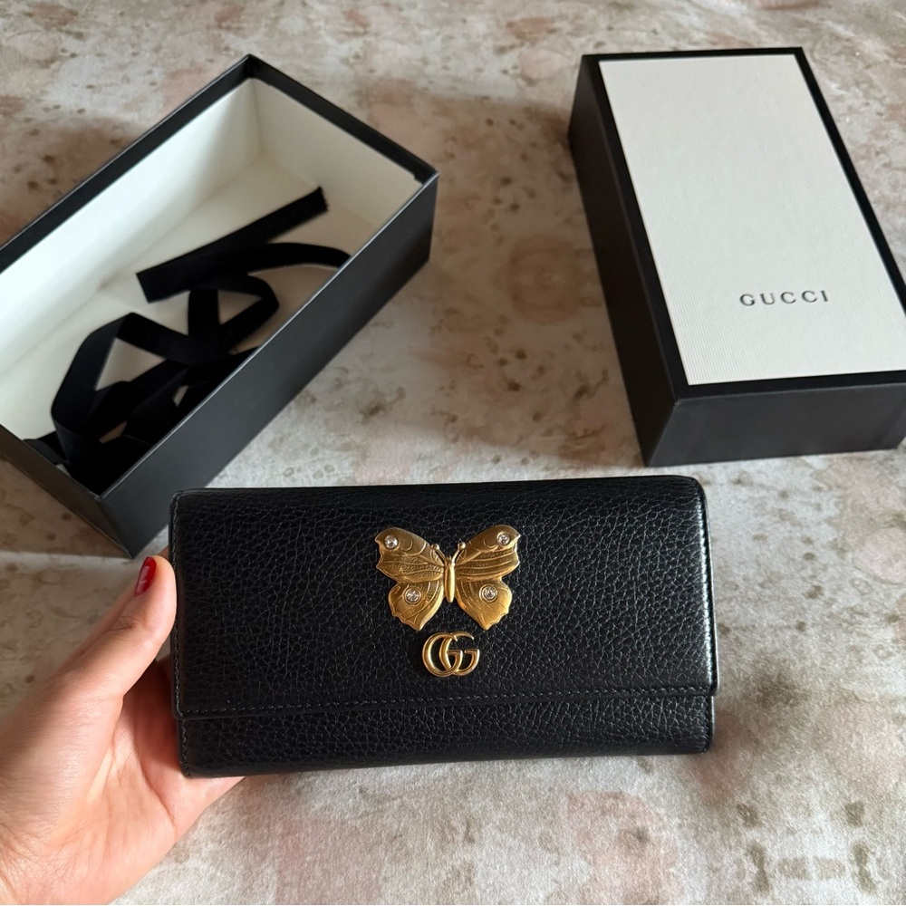 Gucci Black and Gold Leather Wallet with Signature Butterfly